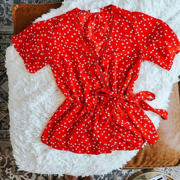 Sienna Sky Tops - 3/$15 Red Floral Elastic Waist Wrap Blouse Size XS